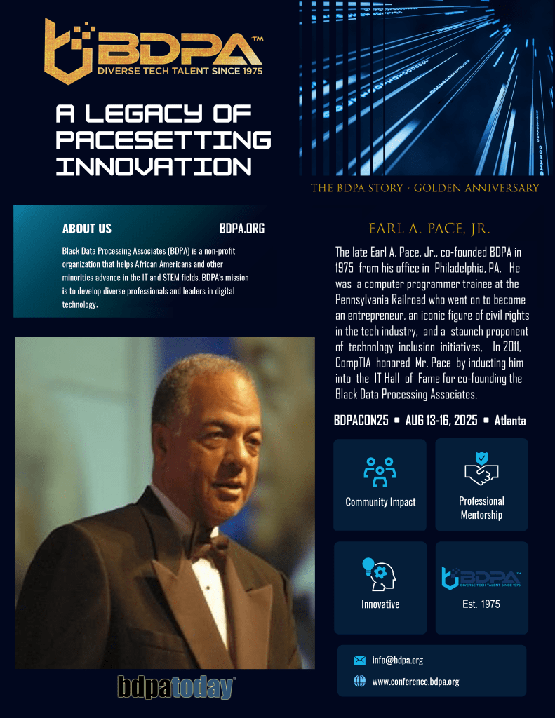 A portrait of Earl A. Pace, Jr. in formal attire, showcasing his contributions to the Black Data Processing Associates and the tech industry.