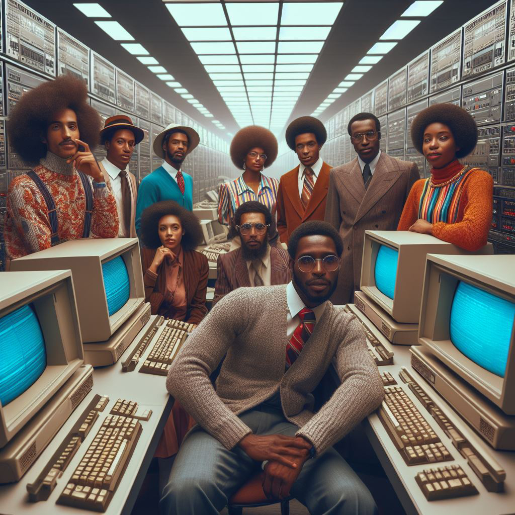 A group of diverse individuals with afro hairstyles, dressed in retro 1970s fashion, poses in a room filled with vintage computers and data storage equipment, showcasing a blend of technology and fashion.