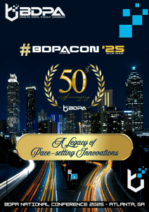 Promotional banner for BDPA National Conference 2025 featuring the skyline of Atlanta, the logo of BDPA, and text highlighting the 50th anniversary and theme 'A Legacy of Pace-setting Innovations'.