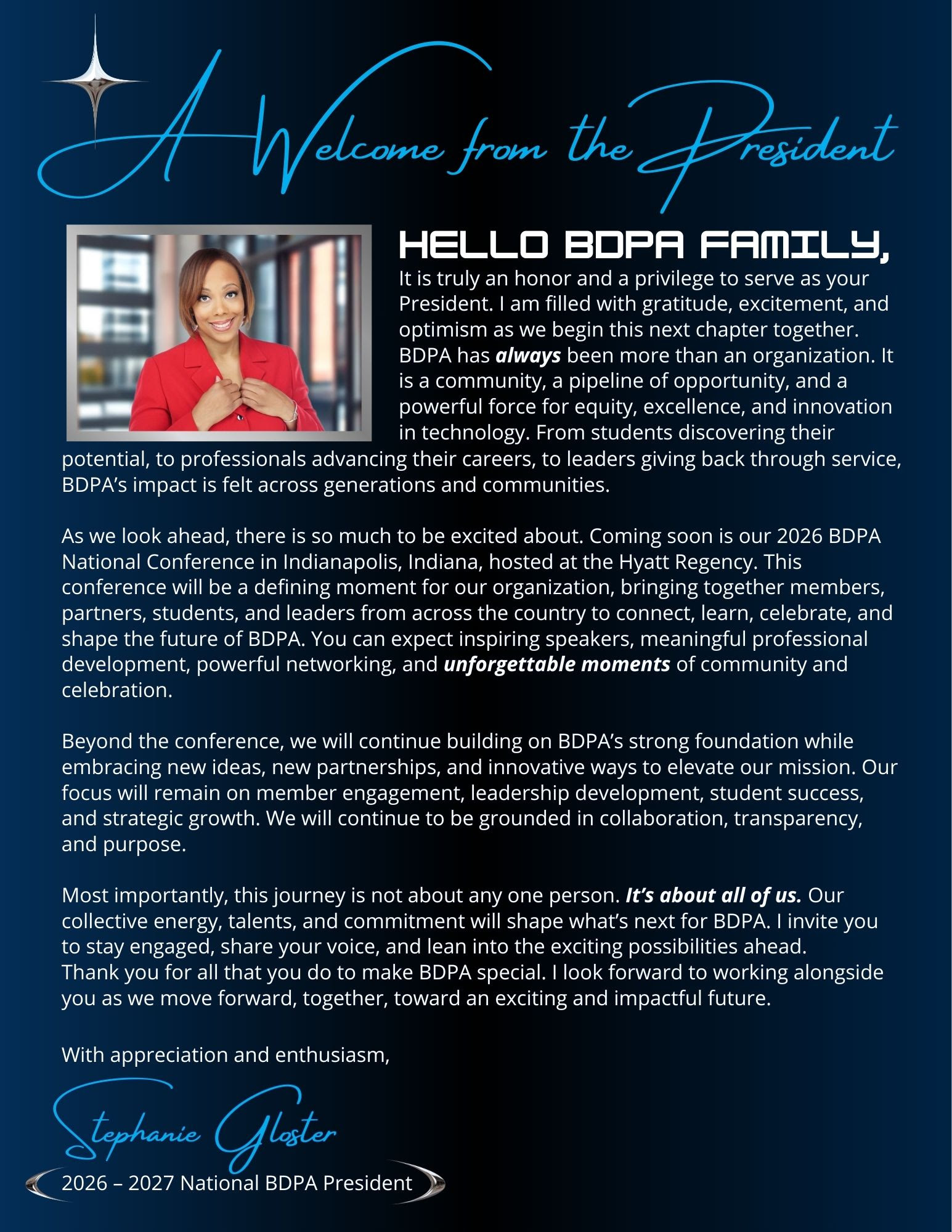 A welcome letter from Stephanie Gloster, the 2026-2027 National BDPA President, addressing the BDPA family and discussing the upcoming national conference in Indianapolis, Indiana. The letter expresses gratitude, excitement, and a commitment to community, equity, and innovation in technology.