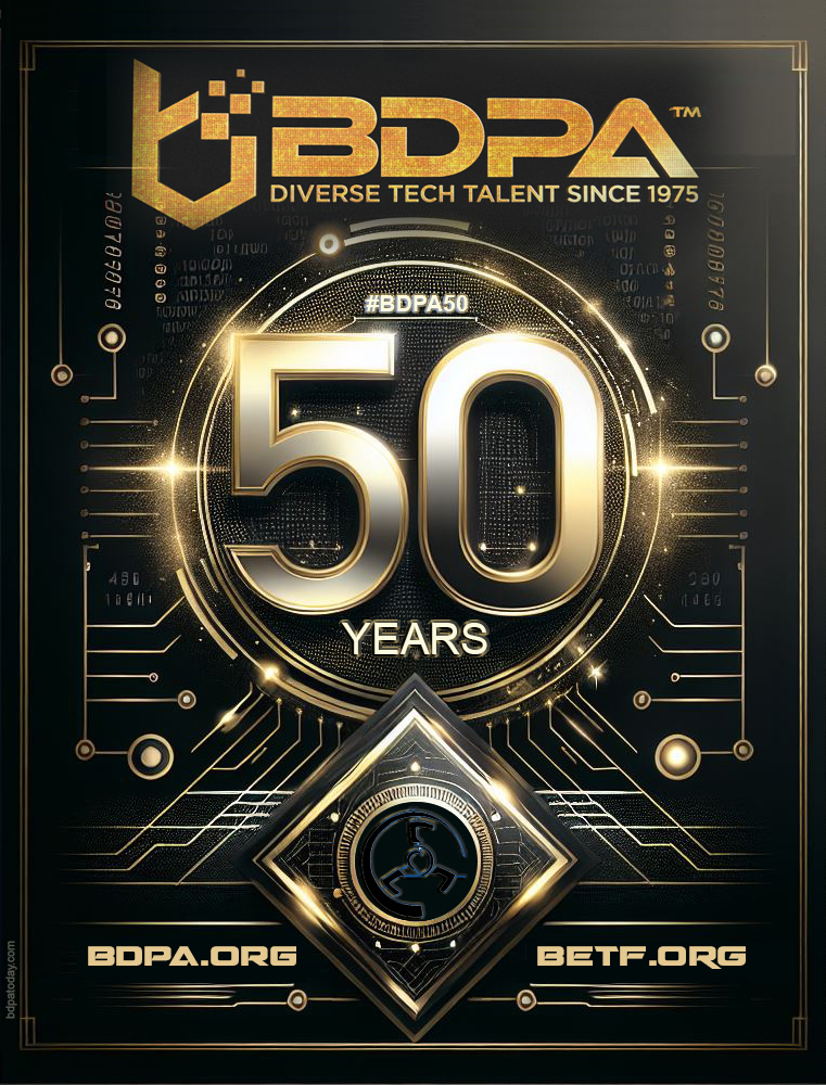 Graphic celebrating 50 years of BDPA, featuring the text '50 YEARS' in large, prominent font, surrounded by a high-tech design that includes circuit patterns and gold accents.