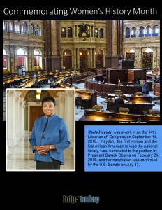 Image depicting the interior of a grand legislative chamber with wooden seating and large windows, accompanied by a portrait of Carla Hayden, the first female and first African American Librarian of Congress, with a brief biography highlighting her historic appointment.