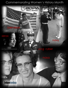 A collage celebrating Women's History Month featuring diverse women in various fields, including military service, technology, and space exploration, with background images of the American flag and NASA rockets.