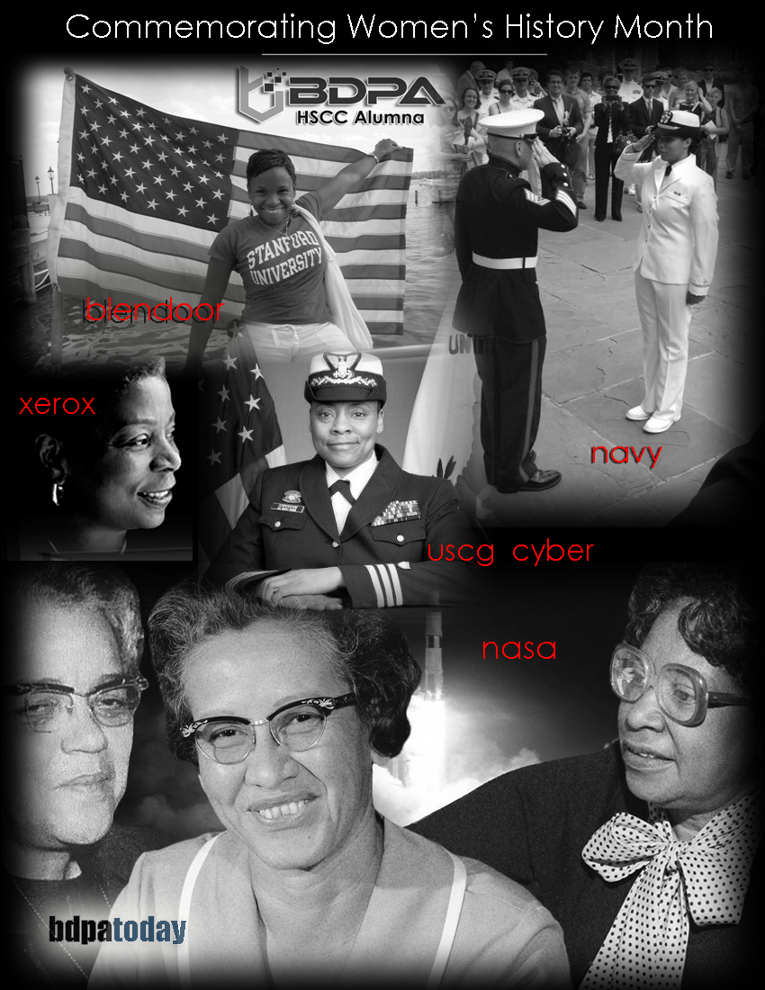 A collage celebrating Women's History Month featuring diverse women in various fields, including military service, technology, and space exploration, with background images of the American flag and NASA rockets.