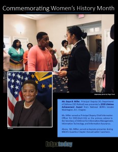 A gathering commemorating Women's History Month, featuring women engaging in conversation. In the foreground, two women talk intently, while others are seen in the background. An inset includes a professional portrait of Ms. Essye B. Miller, who received a Lifetime Achievement Award.