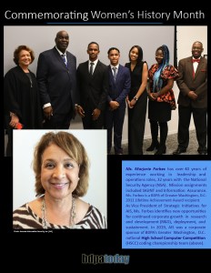 Group photo celebrating Women's History Month, featuring Marjorie Forbes and several young individuals, including teens in formal attire, standing and smiling together.