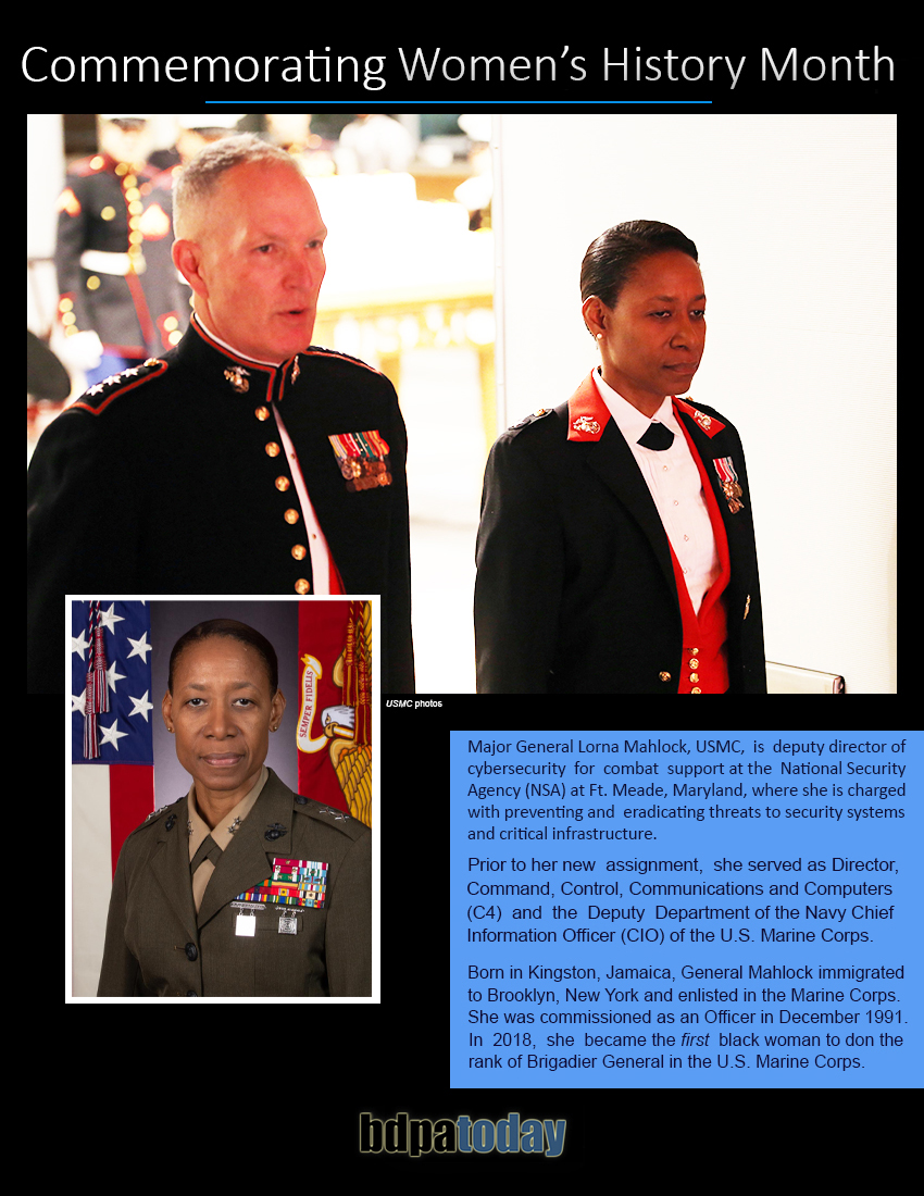A portrait of Major General Lorna Mahlock, USMC, in uniform with medals, alongside a male officer in military attire. The background features U.S. flags and Marine Corps insignia, visually commemorating Women's History Month.