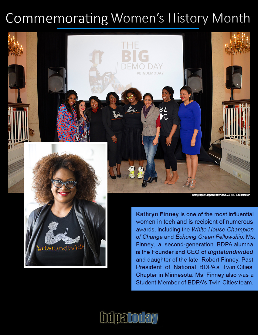 A group of diverse women standing together on stage during an event commemorating Women's History Month, with a banner reading 'THE BIG DEMO DAY' in the background. Inset photo features Kathryn Finney, Founder and CEO of digitalundivided, wearing glasses and a black shirt.