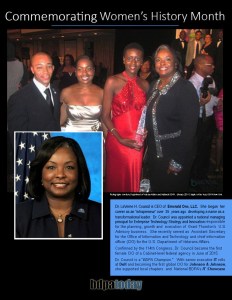A group of four professionals celebrating at an event for Women's History Month, featuring a close-up of Dr. LaVerne H. Council, CEO of Emerald One, LLC, and her accomplishments as a transformational leader.