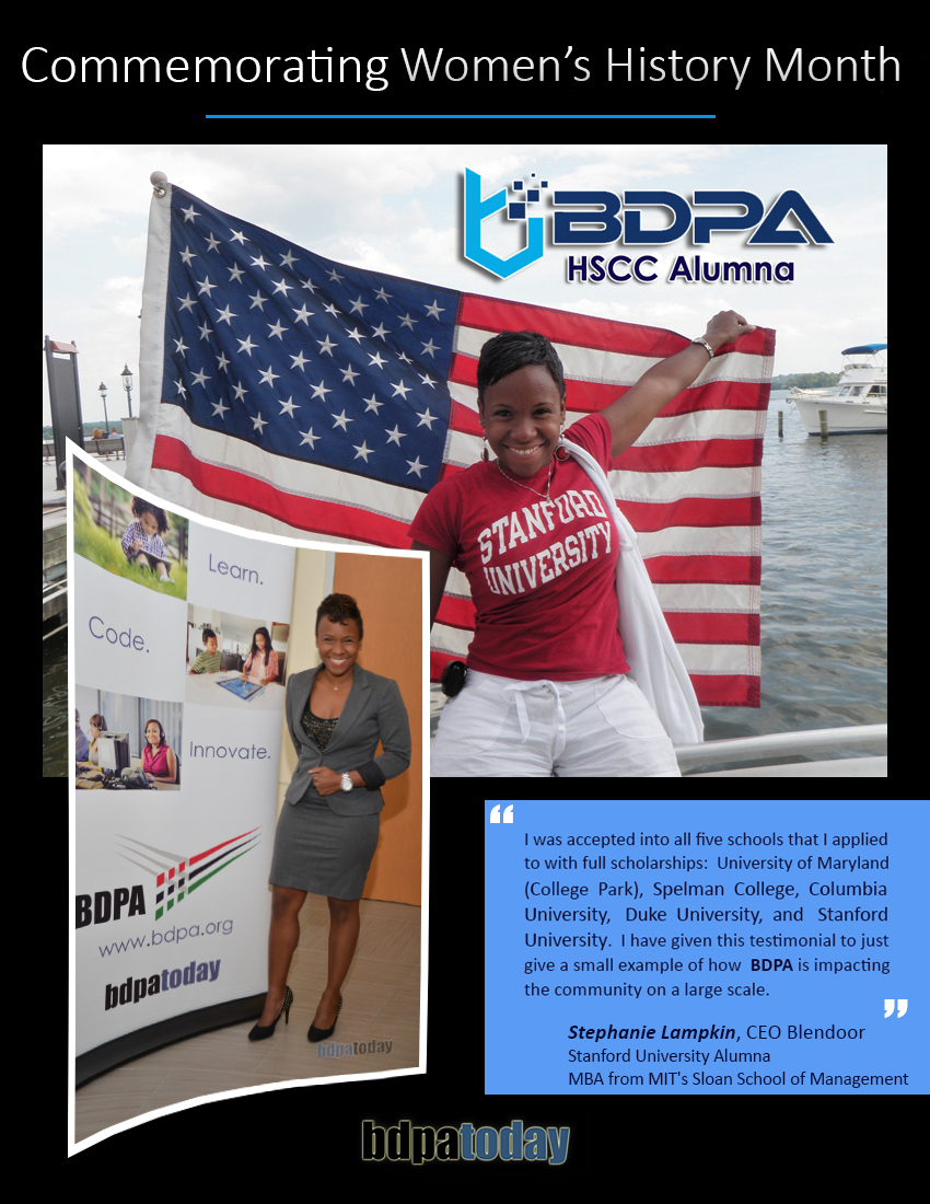 Image celebrating Women's History Month featuring a woman in a Stanford University shirt holding an American flag by the water, alongside a presentation board for BDPA.