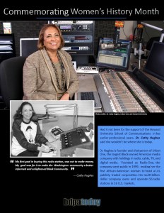 Image of Dr. Cathy Hughes, founder of Urban One, in a radio studio, celebrating Women's History Month. The background features radio equipment. A smaller photo of her earlier career is also included, alongside a quote about her goals in media.