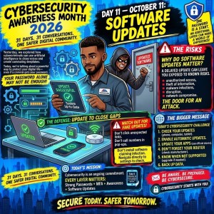 Infographic for Cybersecurity Awareness Month 2026, focusing on software updates. Features characters discussing the importance of staying updated to protect against cybersecurity risks, with tips on avoiding fake updates and safeguarding personal information.