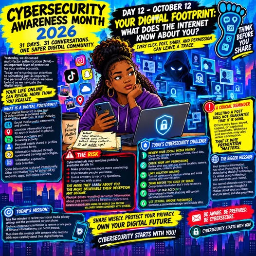 Infographic for Cybersecurity Awareness Month 2026, focusing on digital footprints and online privacy. Features a young woman using a laptop and smartphone, with visuals of social media icons and cybersecurity elements. Includes information about risks, challenges, and actions to protect digital privacy.