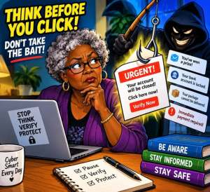 An elderly woman looks concerned while sitting at a desk with a laptop, contemplating a phishing message. The image features a warning about online scams, emphasizing the importance of verifying suspicious messages.