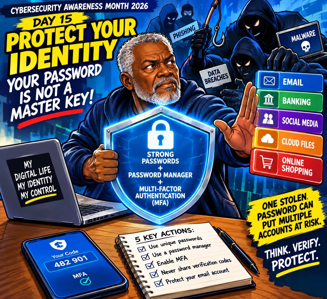 An illustration promoting Cybersecurity Awareness Month 2026, featuring a man emphasizing the importance of protecting your identity. It highlights that a password is not a master key, with graphics related to strong passwords, password managers, and multi-factor authentication. The image also depicts various cyber threats like phishing, malware, and data breaches.
