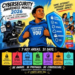Illustration promoting Cybersecurity Awareness Month 2026, featuring a young person in a blue hoodie with the text 'Cybersecurity Starts with You', surrounded by graphics of hackers and security concepts. Highlights 7 key areas for improving cybersecurity awareness, emphasizing personal responsibility.