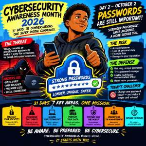 An illustration promoting Cybersecurity Awareness Month 2026, emphasizing the importance of strong passwords. Features a young Black male holding a smartphone and a cloaked figure representing hackers in the background. Lists various cybersecurity threats and defenses, encouraging individuals to protect their identity and change their passwords.