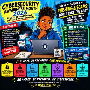 Graphic promoting Cybersecurity Awareness Month 2026, highlighting the theme of protecting against phishing and scams. Features a young woman at a computer with cybersecurity tips, illustrated elements including a hacker, and various key areas for awareness.
