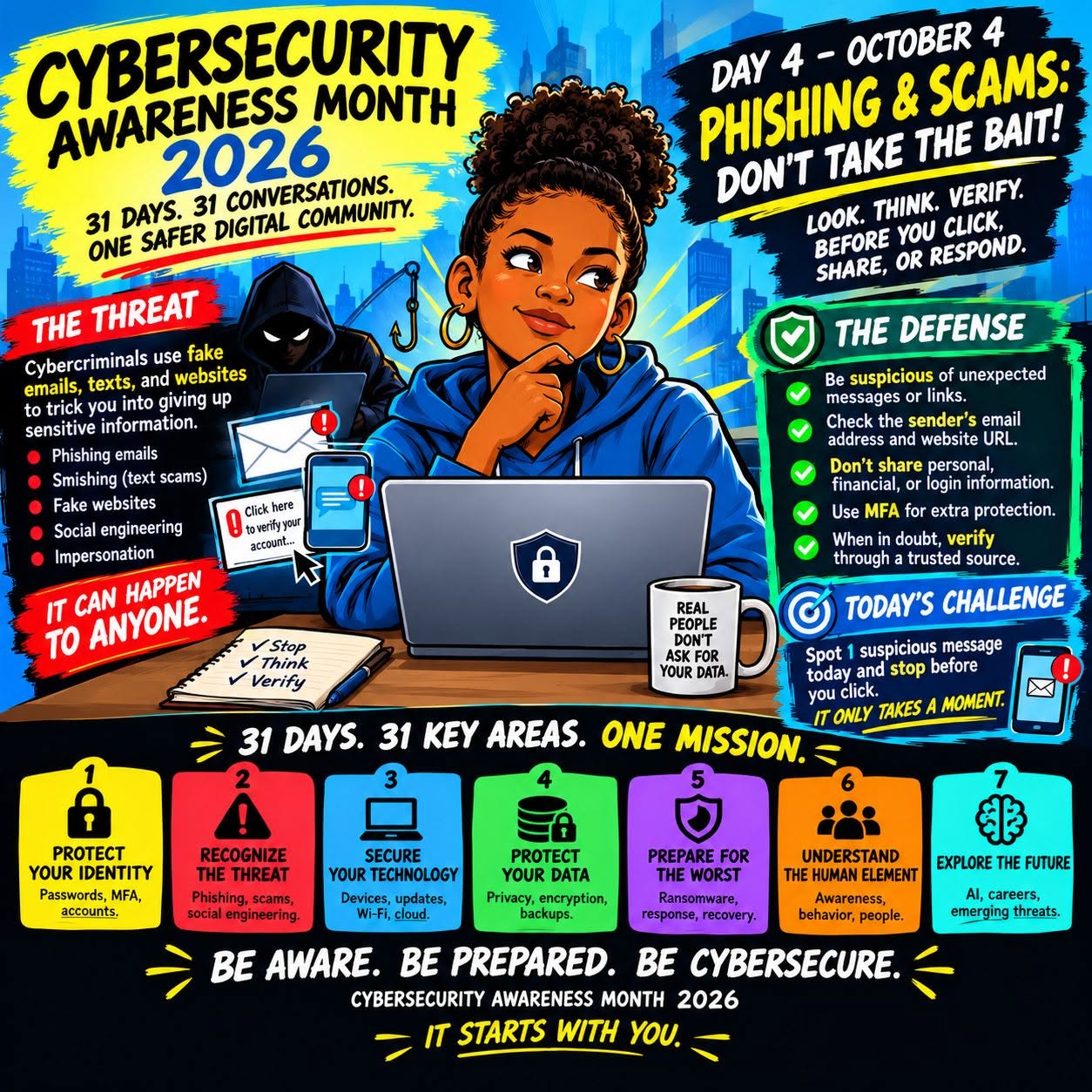 Graphic promoting Cybersecurity Awareness Month 2026, highlighting the theme of protecting against phishing and scams. Features a young woman at a computer with cybersecurity tips, illustrated elements including a hacker, and various key areas for awareness.
