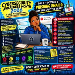 Infographic highlighting Cybersecurity Awareness Month 2026 with a focus on identifying phishing emails. A diverse young woman sits at a desk with a laptop and a mug that says 'Think Before You Click.' Key points include warning signs of phishing, a daily challenge to inspect messages, and a reminder to stop, think, and verify.