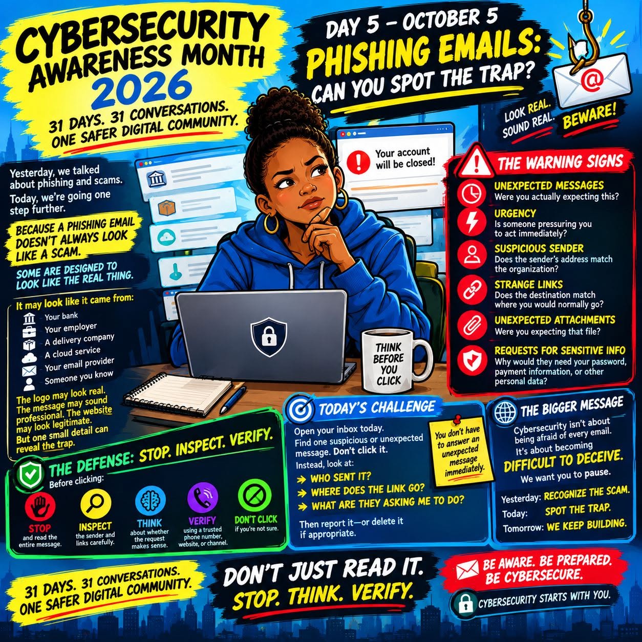 Infographic highlighting Cybersecurity Awareness Month 2026 with a focus on identifying phishing emails. A diverse young woman sits at a desk with a laptop and a mug that says 'Think Before You Click.' Key points include warning signs of phishing, a daily challenge to inspect messages, and a reminder to stop, think, and verify.