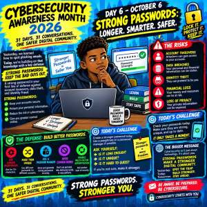 Infographic for Cybersecurity Awareness Month 2026 emphasizing the importance of strong passwords. Features a young person thinking at a computer with cybersecurity tips and challenges. Highlights risks of weak passwords, strategies for creating better passwords, and encourages community engagement.