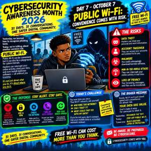 Infographic on Cybersecurity Awareness Month 2026 focusing on public Wi-Fi risks, featuring a young person using a laptop with a cup, highlighting the importance of being cautious with free Wi-Fi and outlining various cybersecurity threats and defenses.