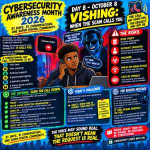 A graphic promoting Cybersecurity Awareness Month 2026, focusing on vishing (voice phishing) with tips for identifying fraudulent calls. It features a young person on the phone, surrounded by various warnings about potential risks like data theft and account takeover, along with defense strategies and a call to action for vigilance.