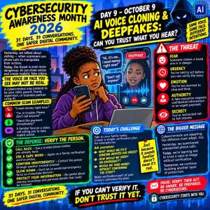 Infographic for Cybersecurity Awareness Month 2026 focusing on AI voice cloning and deepfakes, with advice on verifying identities and recognizing scams.