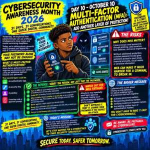 Infographic for Cybersecurity Awareness Month 2026, emphasizing multi-factor authentication as a key security measure. Features a young person using a phone with security icons, alongside tips and statistics about cybersecurity.