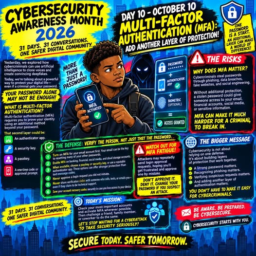Infographic for Cybersecurity Awareness Month 2026, emphasizing multi-factor authentication as a key security measure. Features a young person using a phone with security icons, alongside tips and statistics about cybersecurity.